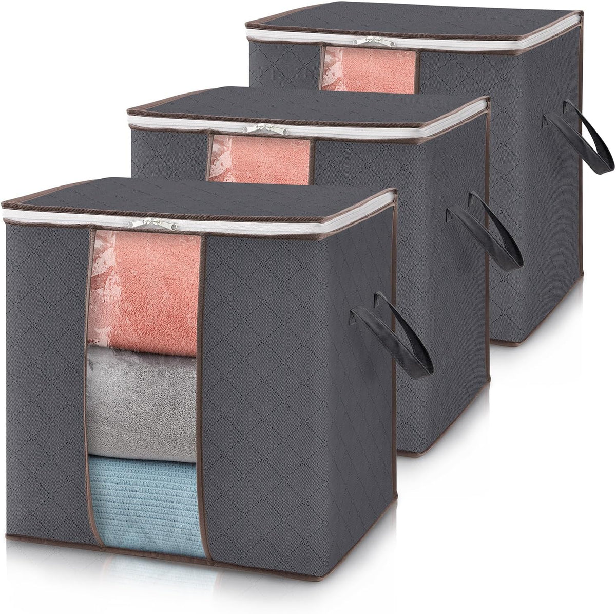 6 Pack Clothes Storage Bins with Lids, Foldable Blanket Storage Bags with Zippers, Clear Window and Reinforced Handles, Closet and Organization for Clothing, Sweater, Comforter, Bedding