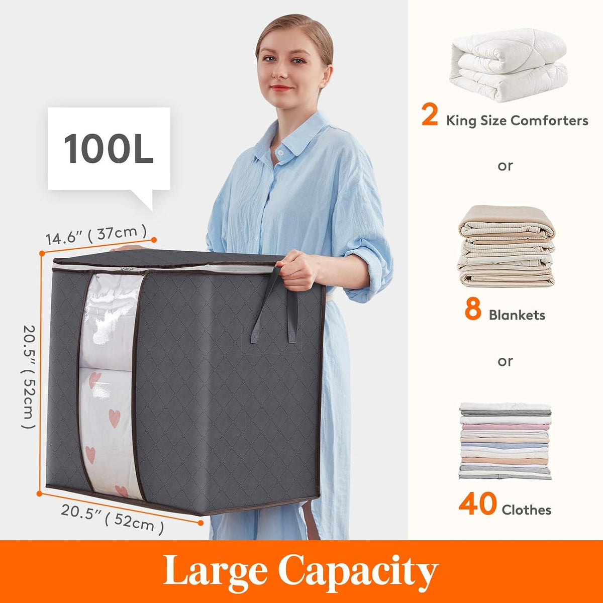 6 Pack Clothes Storage Bins with Lids, Foldable Blanket Storage Bags with Zippers, Clear Window and Reinforced Handles, Closet and Organization for Clothing, Sweater, Comforter, Bedding
