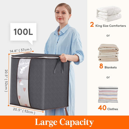 6 Pack Clothes Storage Bins with Lids, Foldable Blanket Storage Bags with Zippers, Clear Window and Reinforced Handles, Closet and Organization for Clothing, Sweater, Comforter, Bedding