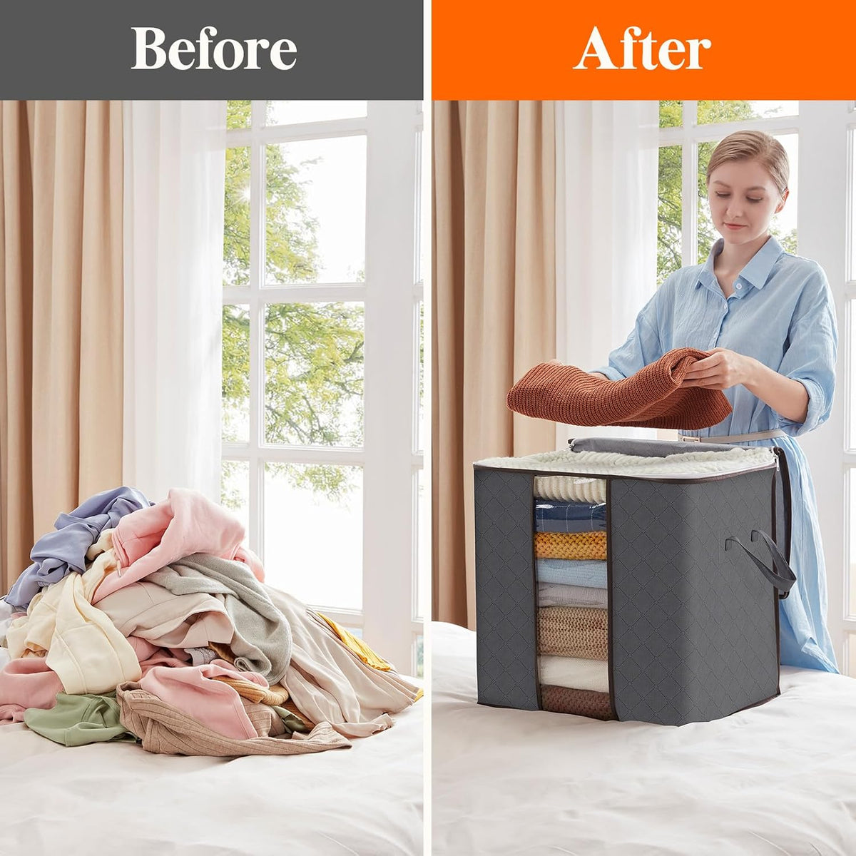 6 Pack Clothes Storage Bins with Lids, Foldable Blanket Storage Bags with Zippers, Clear Window and Reinforced Handles, Closet and Organization for Clothing, Sweater, Comforter, Bedding