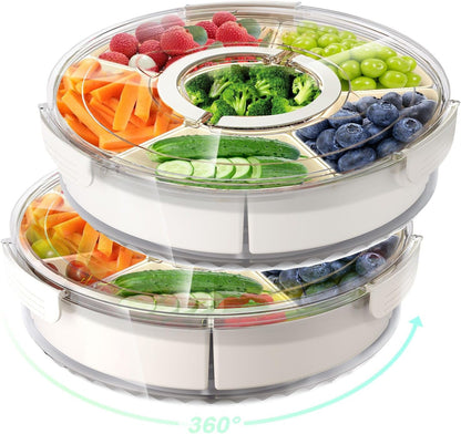 Divided Rotating Serving Tray with Lid and Handle, Portable Snackle Box for Fruits Snacks Veggie Charcuterie, Clear Lazy Susan Organizer and Fridge Storage Container for Adults Child (1PCS,12" L
