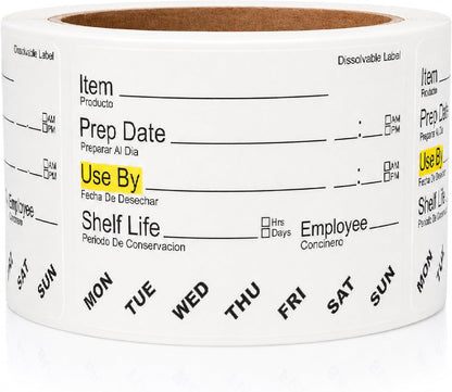 Dissolvable Food Labels, 2" x 3", 500/Roll, Water Dissolvable Labels for Food Containers, Food Rotation for Prep Date, Use By, Shelf Life, Writable Freezer Safe