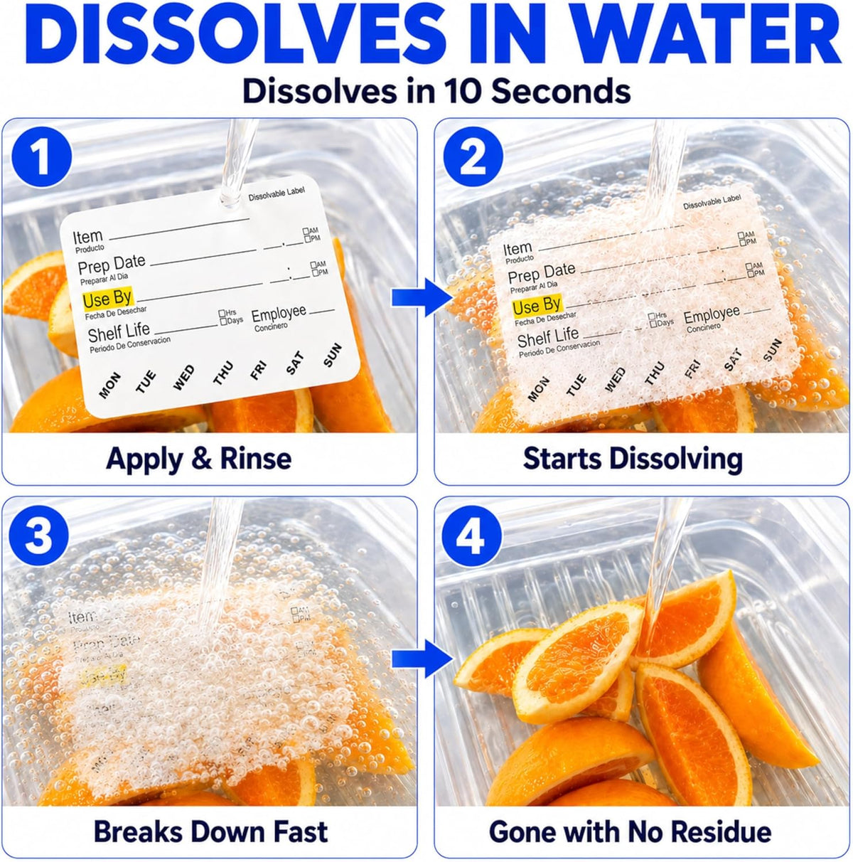 Dissolvable Food Labels, 2" x 3", 500/Roll, Water Dissolvable Labels for Food Containers, Food Rotation for Prep Date, Use By, Shelf Life, Writable Freezer Safe