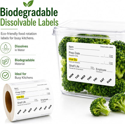 Dissolvable Food Labels, 2" x 3", 500/Roll, Water Dissolvable Labels for Food Containers, Food Rotation for Prep Date, Use By, Shelf Life, Writable Freezer Safe