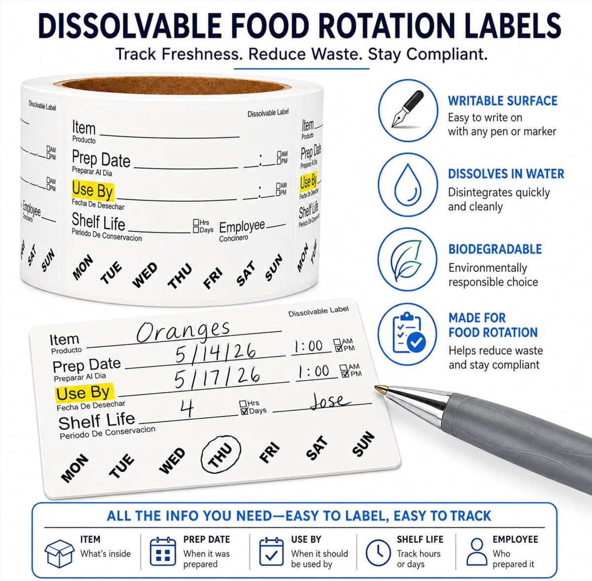 Dissolvable Food Labels, 2" x 3", 500/Roll, Water Dissolvable Labels for Food Containers, Food Rotation for Prep Date, Use By, Shelf Life, Writable Freezer Safe