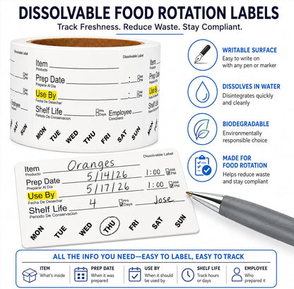 Dissolvable Food Labels, 2" x 3", 500/Roll, Water Dissolvable Labels for Food Containers, Food Rotation for Prep Date, Use By, Shelf Life, Writable Freezer Safe