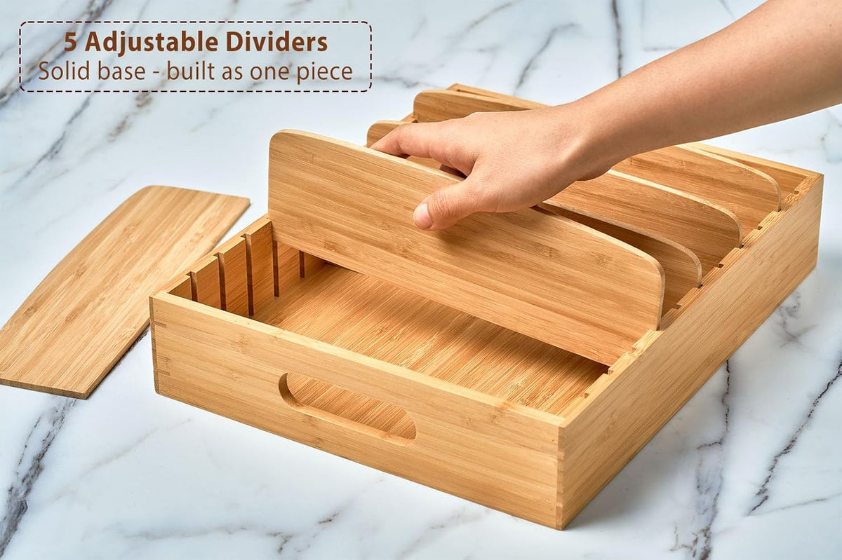 Large Bamboo Food Container Lid Organizer for Kitchen Cabinet | Adjustable slots - Premium bamboo, pretty color - Sturdy versatile caddy for snack, spice in drawer - Anti-Skid Silicone Pads