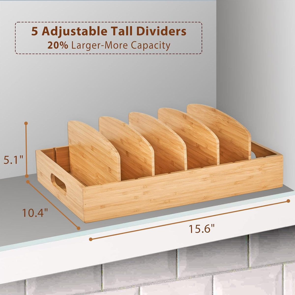 Large Bamboo Food Container Lid Organizer for Kitchen Cabinet | Adjustable slots - Premium bamboo, pretty color - Sturdy versatile caddy for snack, spice in drawer - Anti-Skid Silicone Pads