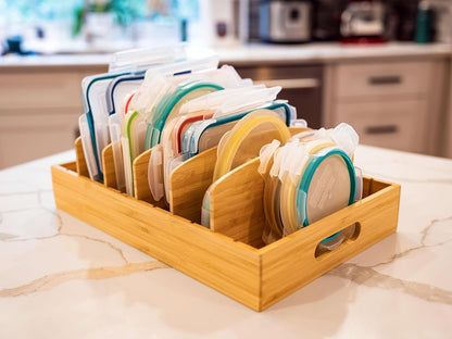 Large Bamboo Food Container Lid Organizer for Kitchen Cabinet | Adjustable slots - Premium bamboo, pretty color - Sturdy versatile caddy for snack, spice in drawer - Anti-Skid Silicone Pads