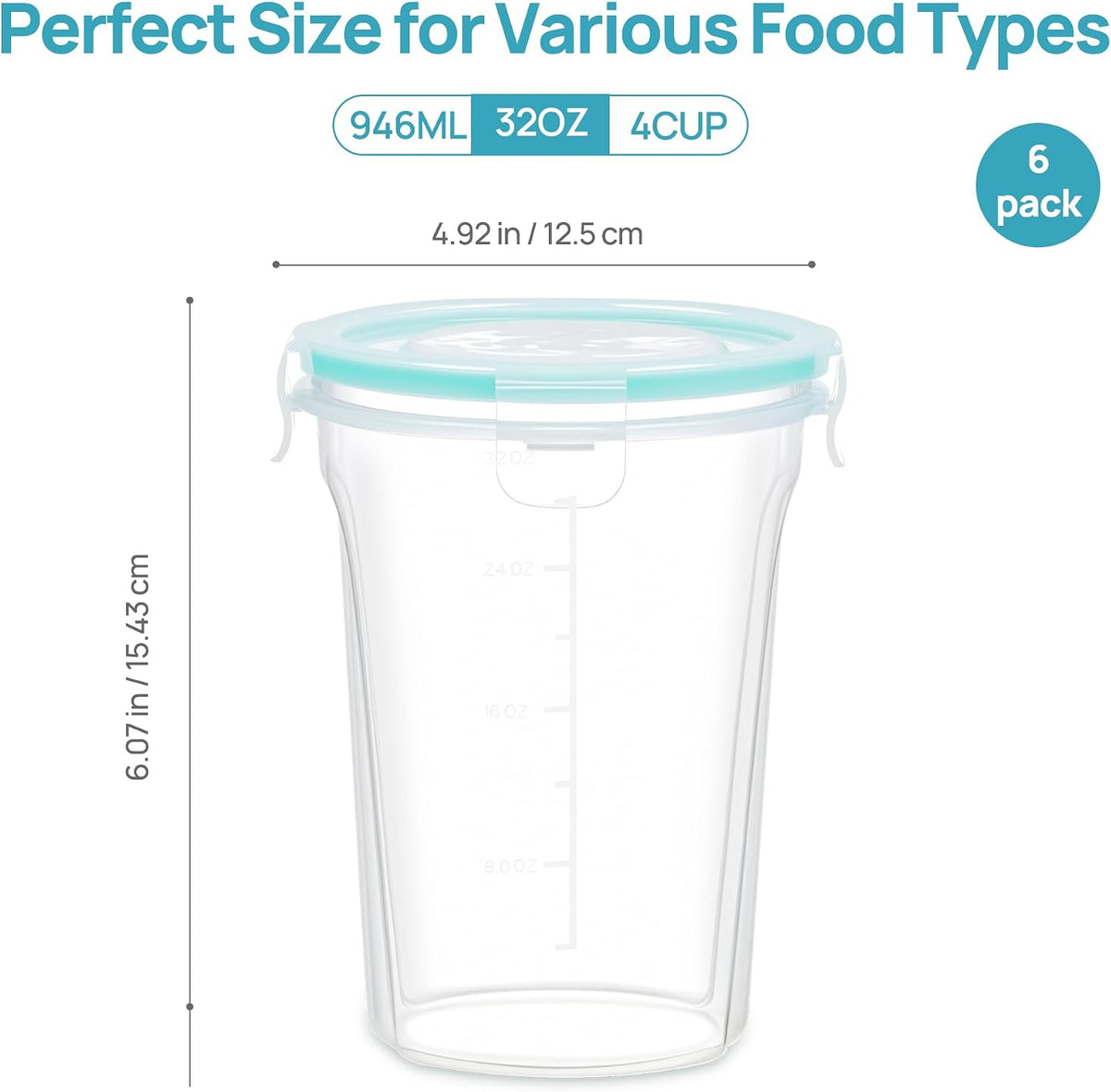 6 Pack 32oz Freezer Storage Containers, Soup Container with Airtight Lids, Reusable Plastic Meal Prep Container, Deli Containers for Lunch, Salad, Leftover, Oats, Microwave/Dishwasher Safe
