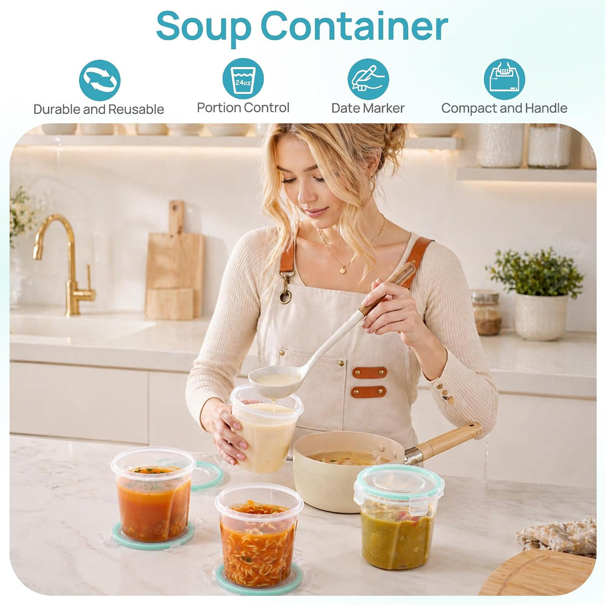 6 Pack 32oz Freezer Storage Containers, Soup Container with Airtight Lids, Reusable Plastic Meal Prep Container, Deli Containers for Lunch, Salad, Leftover, Oats, Microwave/Dishwasher Safe