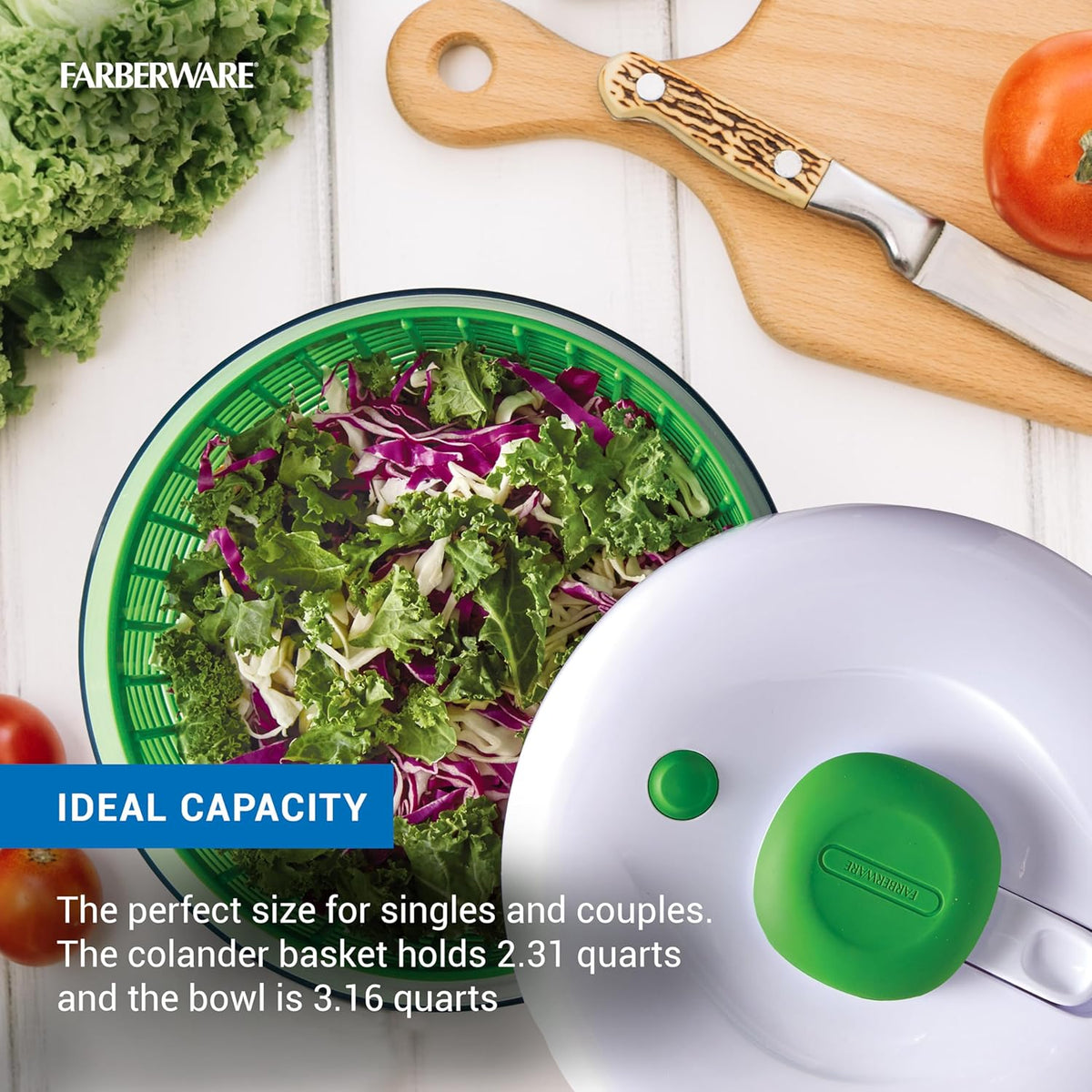 Easy to use pro Pump Spinner with Bowl, Colander and Built in draining System for Fresh, Crisp, Clean Salad and Produce, 6.6 quart, Green