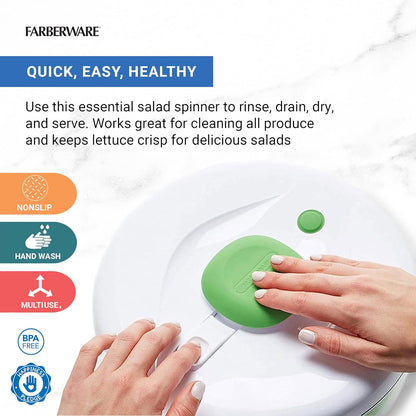 Easy to use pro Pump Spinner with Bowl, Colander and Built in draining System for Fresh, Crisp, Clean Salad and Produce, 6.6 quart, Green