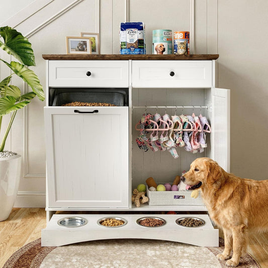 FIMELLO 39.7’’W Dual Doors Dog Food Storage Cabinet, Tilt-Out Dog Feeding Station with 4 Feeding Bowls, Pet Feeder Cabinet, White Grain
