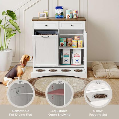 FIMELLO 39.7’’W Dual Doors Dog Food Storage Cabinet, Tilt-Out Dog Feeding Station with 4 Feeding Bowls, Pet Feeder Cabinet, White Grain