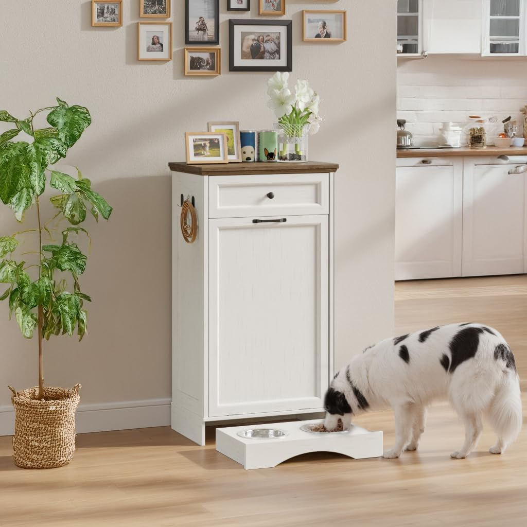 FIMELLO 39.7’’W Dual Doors Dog Food Storage Cabinet, Tilt-Out Dog Feeding Station with 4 Feeding Bowls, Pet Feeder Cabinet, White Grain