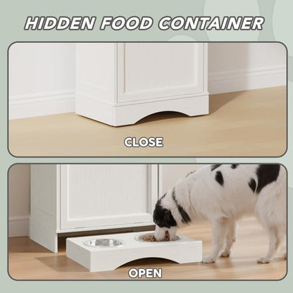FIMELLO 39.7’’W Dual Doors Dog Food Storage Cabinet, Tilt-Out Dog Feeding Station with 4 Feeding Bowls, Pet Feeder Cabinet, White Grain