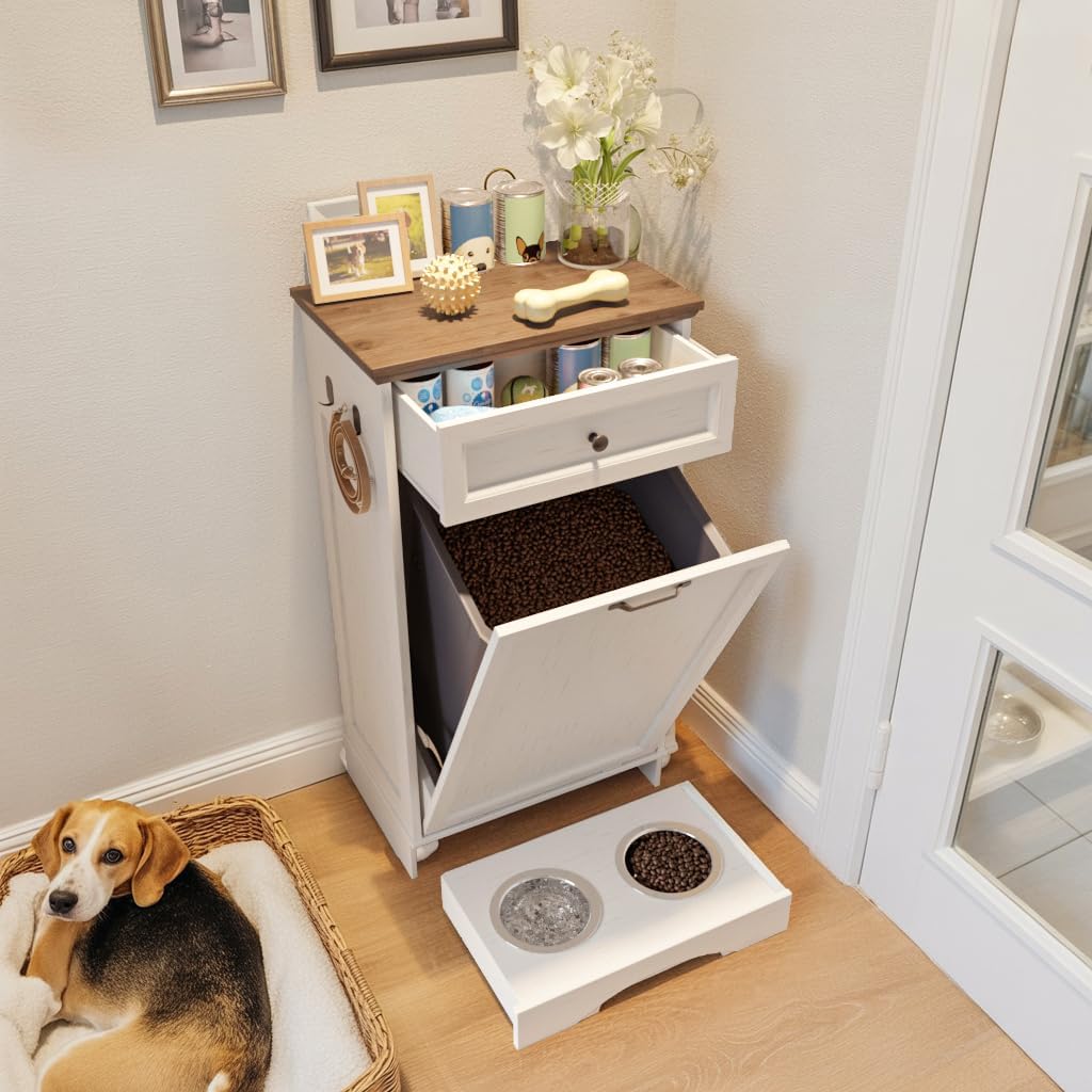 FIMELLO 39.7’’W Dual Doors Dog Food Storage Cabinet, Tilt-Out Dog Feeding Station with 4 Feeding Bowls, Pet Feeder Cabinet, White Grain