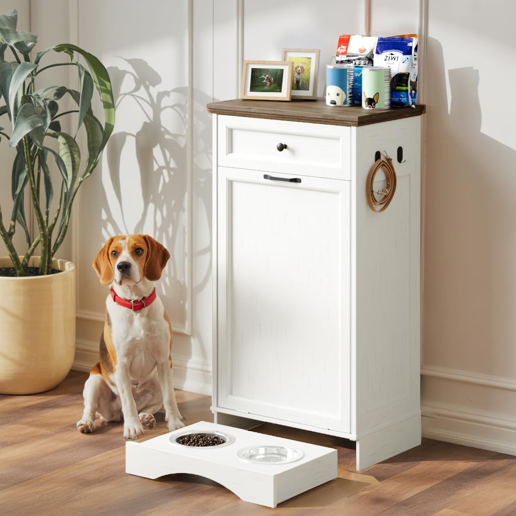 FIMELLO 39.7’’W Dual Doors Dog Food Storage Cabinet, Tilt-Out Dog Feeding Station with 4 Feeding Bowls, Pet Feeder Cabinet, White Grain