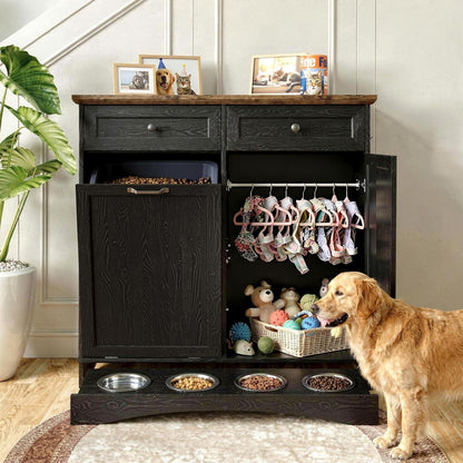 FIMELLO 39.7’’W Dual Doors Dog Food Storage Cabinet, Tilt-Out Dog Feeding Station with 4 Feeding Bowls, Pet Feeder Cabinet, White Grain