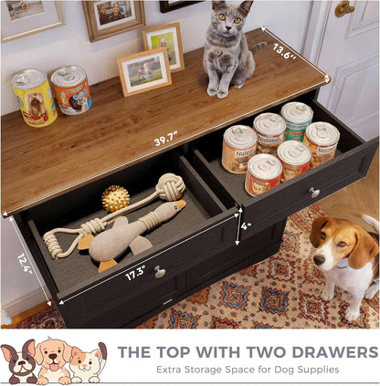 FIMELLO 39.7’’W Dual Doors Dog Food Storage Cabinet, Tilt-Out Dog Feeding Station with 4 Feeding Bowls, Pet Feeder Cabinet, White Grain