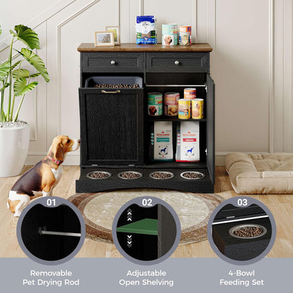 FIMELLO 39.7’’W Dual Doors Dog Food Storage Cabinet, Tilt-Out Dog Feeding Station with 4 Feeding Bowls, Pet Feeder Cabinet, White Grain