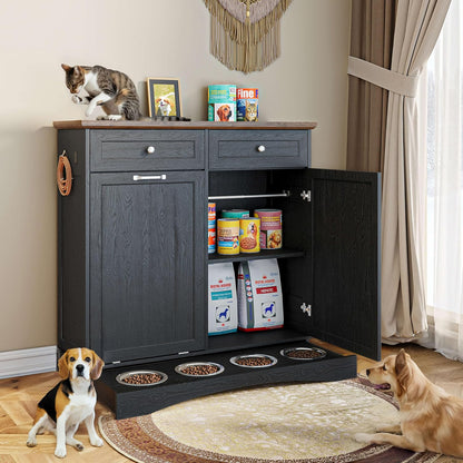 FIMELLO 39.7’’W Dual Doors Dog Food Storage Cabinet, Tilt-Out Dog Feeding Station with 4 Feeding Bowls, Pet Feeder Cabinet, White Grain