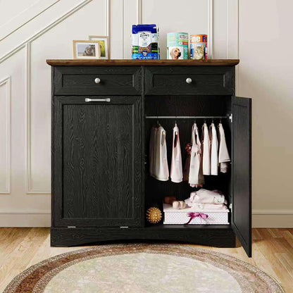 FIMELLO 39.7’’W Dual Doors Dog Food Storage Cabinet, Tilt-Out Dog Feeding Station with 4 Feeding Bowls, Pet Feeder Cabinet, White Grain