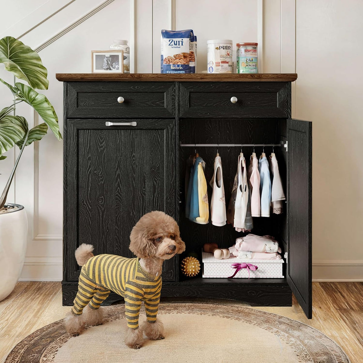 FIMELLO 39.7’’W Dual Doors Dog Food Storage Cabinet, Tilt-Out Dog Feeding Station with 4 Feeding Bowls, Pet Feeder Cabinet, White Grain