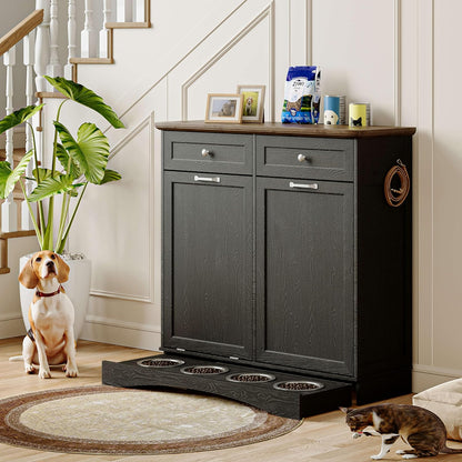 FIMELLO 39.7’’W Dual Doors Dog Food Storage Cabinet, Tilt-Out Dog Feeding Station with 4 Feeding Bowls, Pet Feeder Cabinet, White Grain