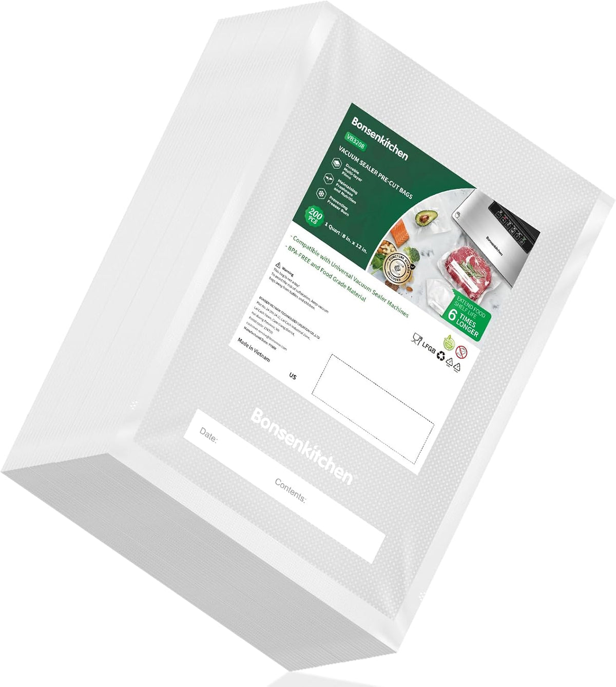 Precut Vacuum Sealer Bags 200 Quart 8" x 12", BPA Free