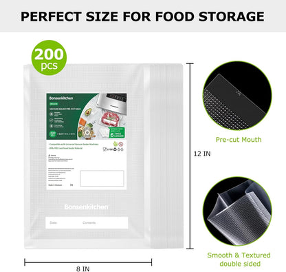 Precut Vacuum Sealer Bags 200 Quart 8" x 12", BPA Free