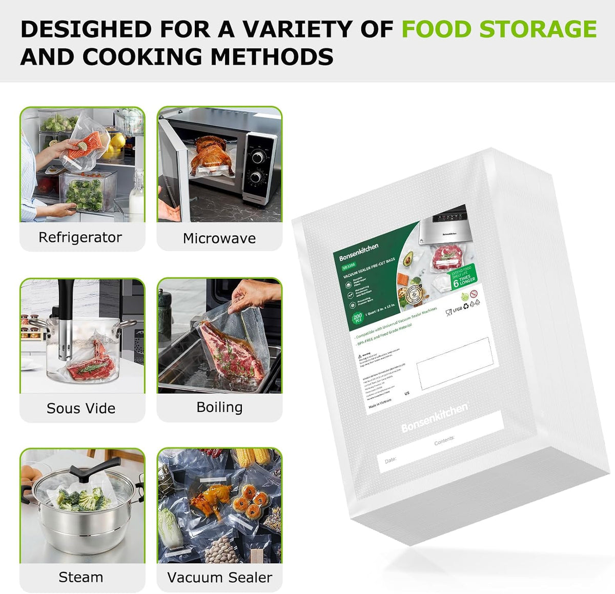 Precut Vacuum Sealer Bags 200 Quart 8" x 12", BPA Free
