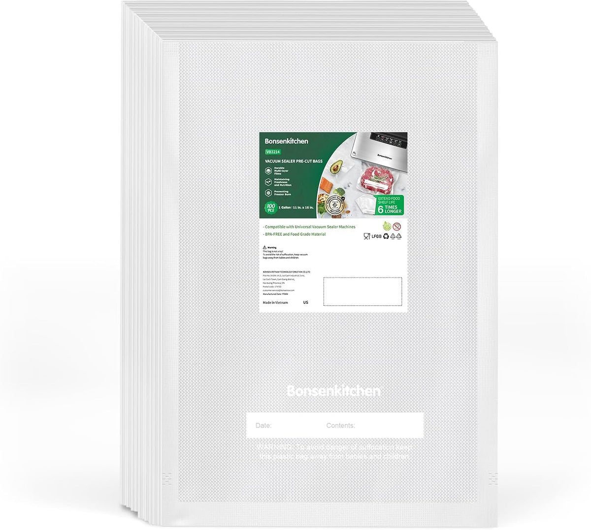 Precut Vacuum Sealer Bags 200 Quart 8" x 12", BPA Free