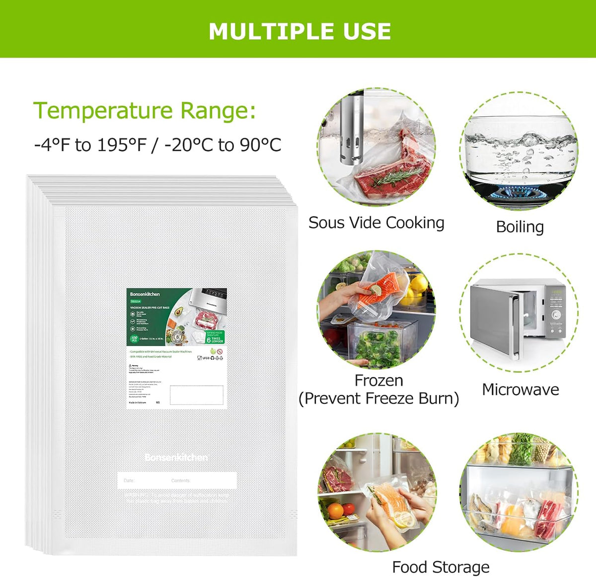 Precut Vacuum Sealer Bags 200 Quart 8" x 12", BPA Free