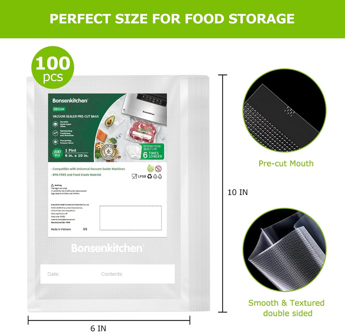 Precut Vacuum Sealer Bags 200 Quart 8" x 12", BPA Free