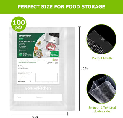 Precut Vacuum Sealer Bags 200 Quart 8" x 12", BPA Free