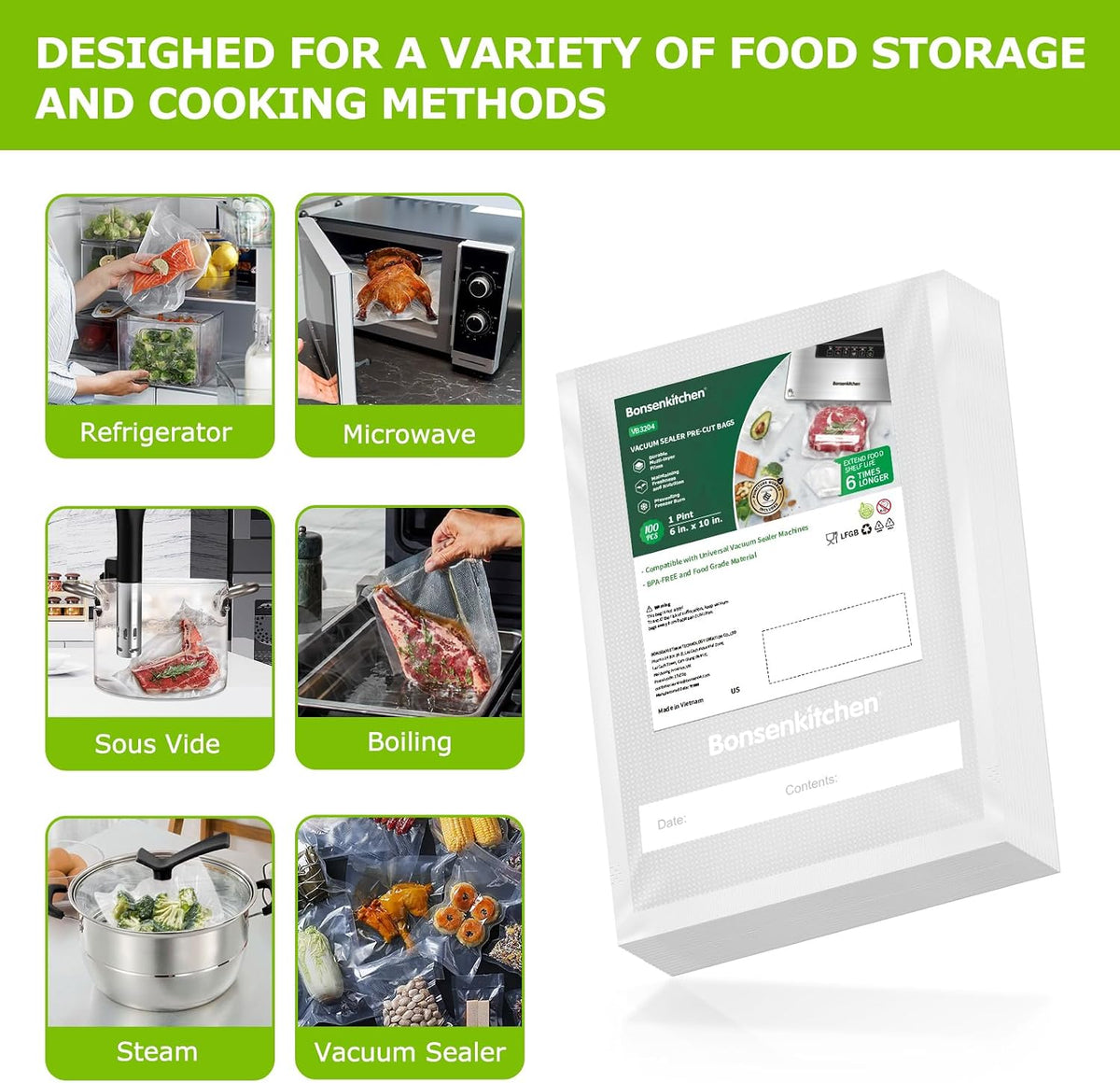 Precut Vacuum Sealer Bags 200 Quart 8" x 12", BPA Free