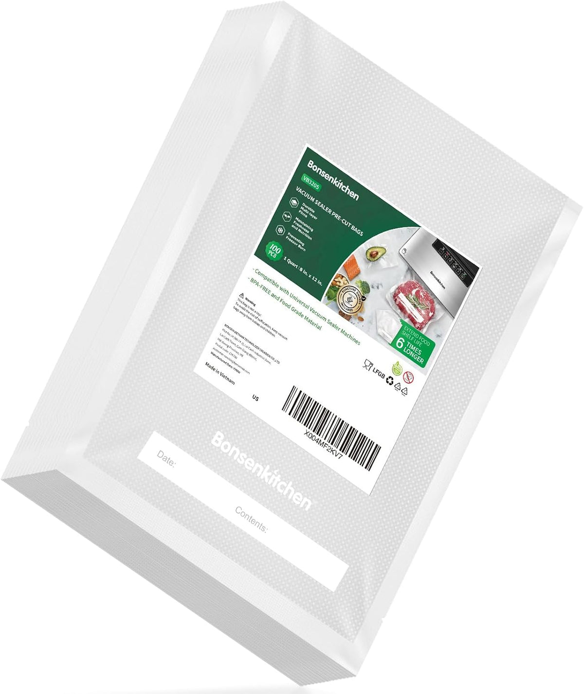 Precut Vacuum Sealer Bags 200 Quart 8" x 12", BPA Free