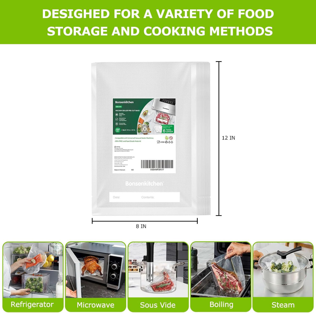 Precut Vacuum Sealer Bags 200 Quart 8" x 12", BPA Free