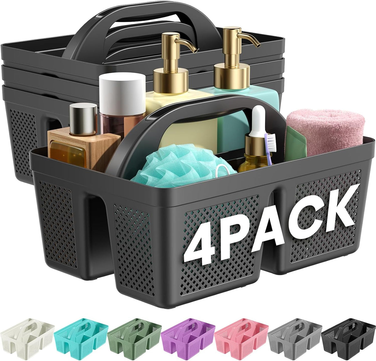 4 Pack Portable Shower Caddy Basket with Handle, Plastic Cleaning Caddy Organizer for Bathroom, College Dorm, Kitchen & Laundry Room, Divided Storage Tote for Toiletries and Cleaning Supplie