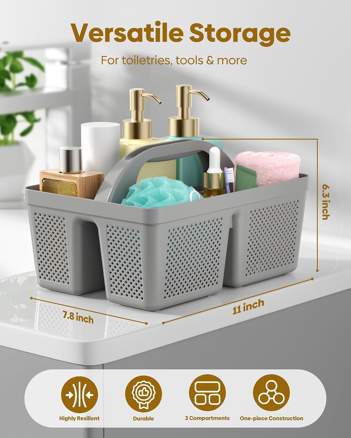 4 Pack Portable Shower Caddy Basket with Handle, Plastic Cleaning Caddy Organizer for Bathroom, College Dorm, Kitchen & Laundry Room, Divided Storage Tote for Toiletries and Cleaning Supplie