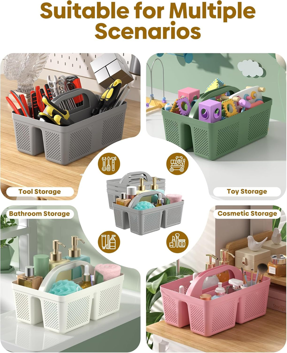 4 Pack Portable Shower Caddy Basket with Handle, Plastic Cleaning Caddy Organizer for Bathroom, College Dorm, Kitchen & Laundry Room, Divided Storage Tote for Toiletries and Cleaning Supplie