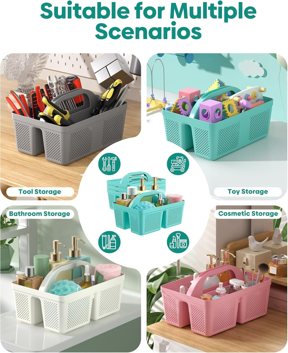 4 Pack Portable Shower Caddy Basket with Handle, Plastic Cleaning Caddy Organizer for Bathroom, College Dorm, Kitchen & Laundry Room, Divided Storage Tote for Toiletries and Cleaning Supplie