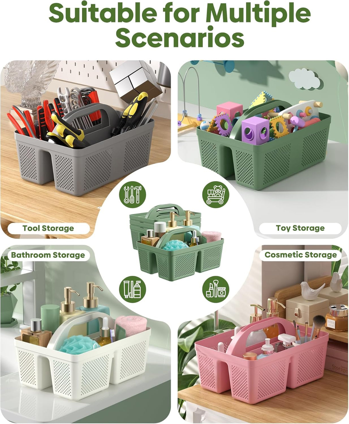 4 Pack Portable Shower Caddy Basket with Handle, Plastic Cleaning Caddy Organizer for Bathroom, College Dorm, Kitchen & Laundry Room, Divided Storage Tote for Toiletries and Cleaning Supplie