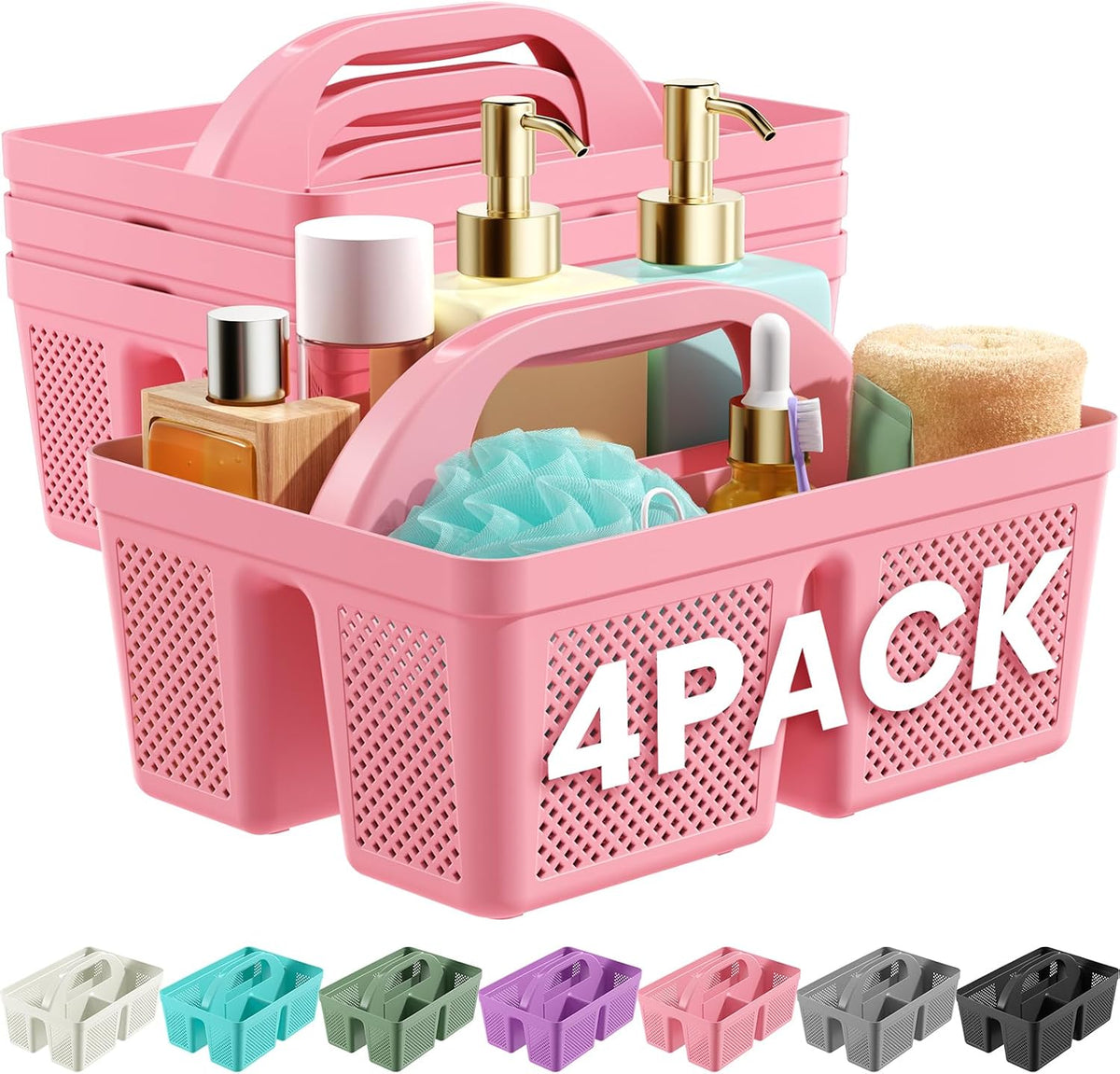 4 Pack Portable Shower Caddy Basket with Handle, Plastic Cleaning Caddy Organizer for Bathroom, College Dorm, Kitchen & Laundry Room, Divided Storage Tote for Toiletries and Cleaning Supplie