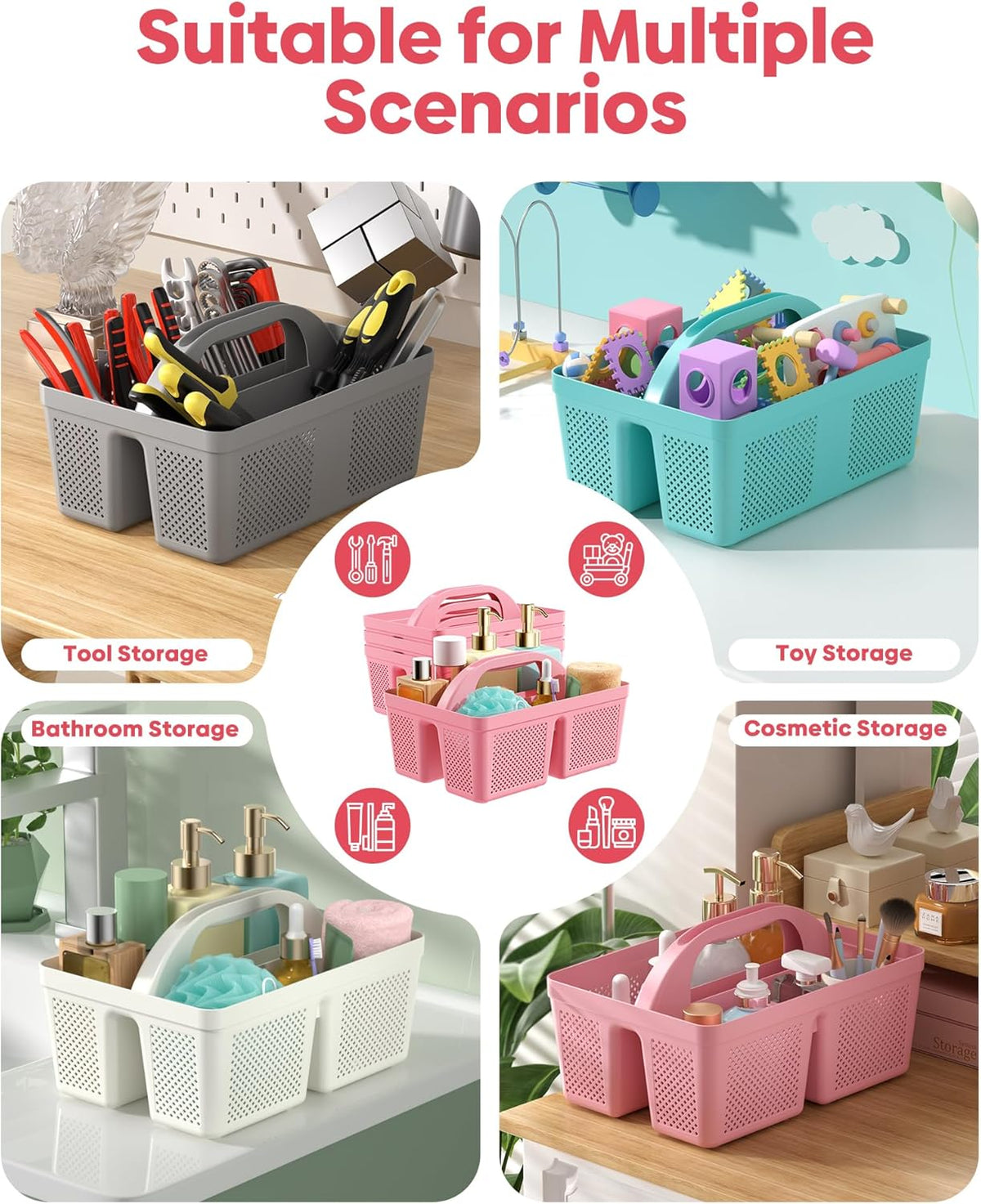 4 Pack Portable Shower Caddy Basket with Handle, Plastic Cleaning Caddy Organizer for Bathroom, College Dorm, Kitchen & Laundry Room, Divided Storage Tote for Toiletries and Cleaning Supplie
