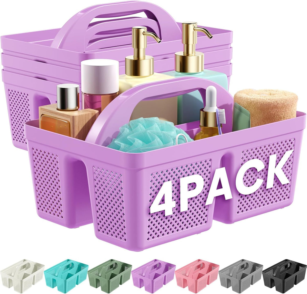 4 Pack Portable Shower Caddy Basket with Handle, Plastic Cleaning Caddy Organizer for Bathroom, College Dorm, Kitchen & Laundry Room, Divided Storage Tote for Toiletries and Cleaning Supplie