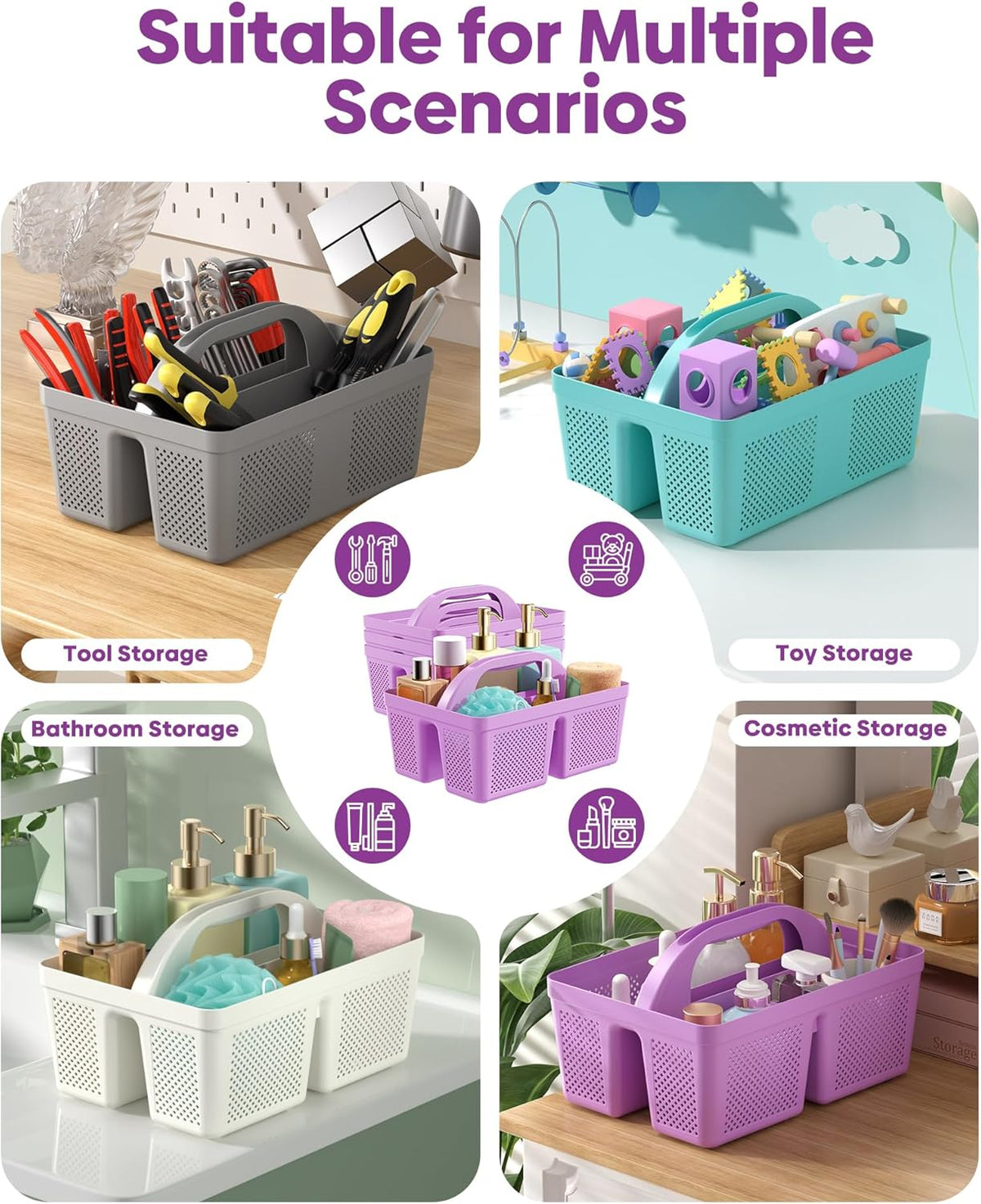 4 Pack Portable Shower Caddy Basket with Handle, Plastic Cleaning Caddy Organizer for Bathroom, College Dorm, Kitchen & Laundry Room, Divided Storage Tote for Toiletries and Cleaning Supplie