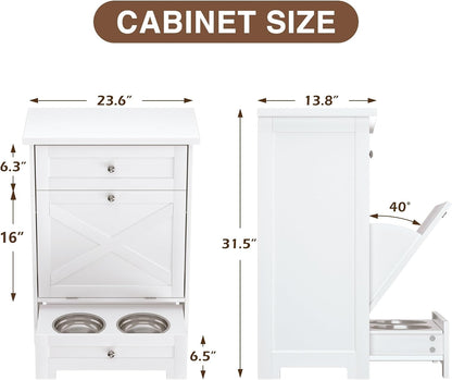 Dog Feeding Station with 2 Elevated Bowls,Hidden Pet Feeder Station with Tilt Out Dog Food Storage Cabinet,Dog & Cat Storage Organizer with Drawer,White